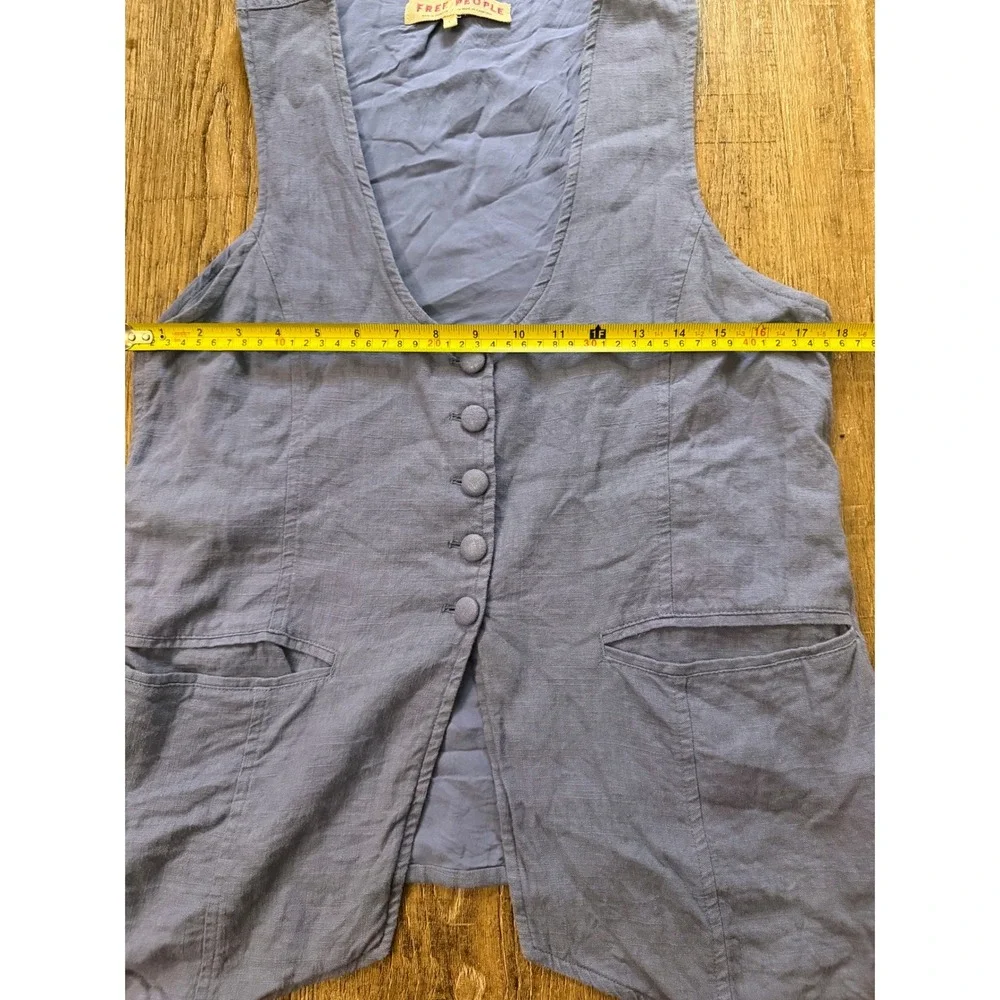 Free People Blue Linen Blend Button Front Waistcoat Vest Large Boho Minimalist
